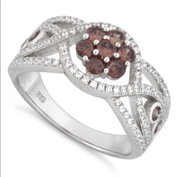 925 STERLING SILVER Chocolate Cubic Zirconia Cluster Ring - Picture 11 of 14